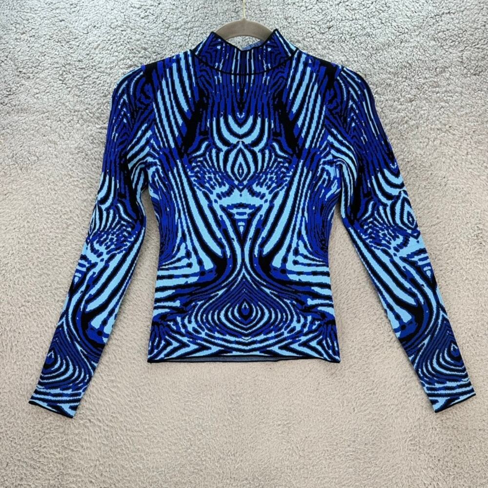 Karen Millen NWT XS Fitted Blue Pattern Sweater Body Con Mock Neck Modern Fitted